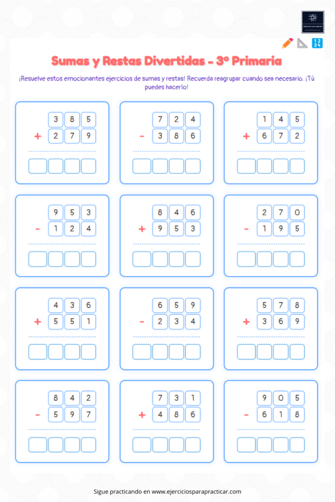 fichas de sumas y restas para tercero de primaria