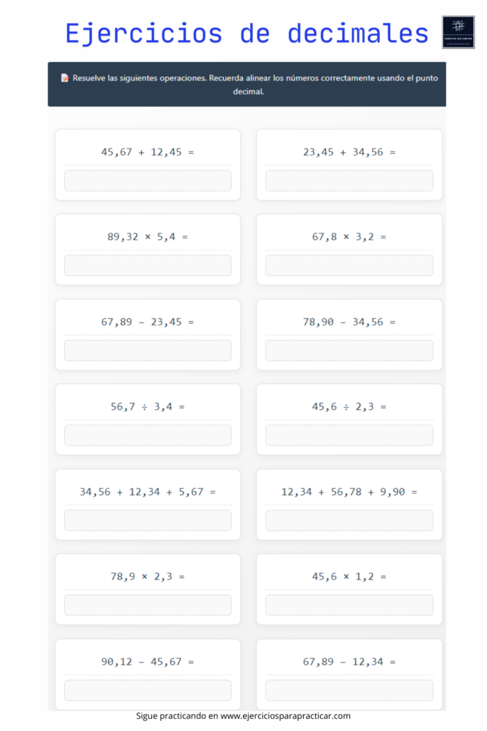 ejercicios numeros decimales 6 primaria