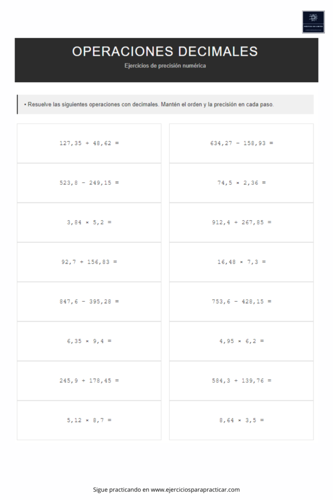 operaciones de ejercicios con decimales 6 primaria