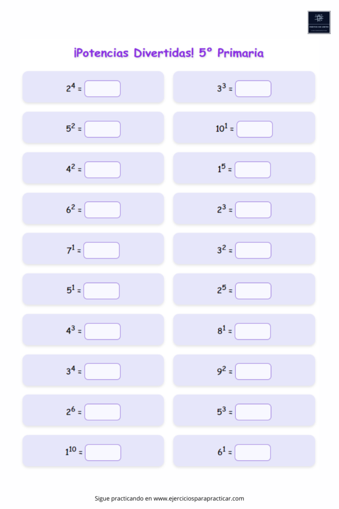 Ejercicios de potencias 5 primaria para solucionar