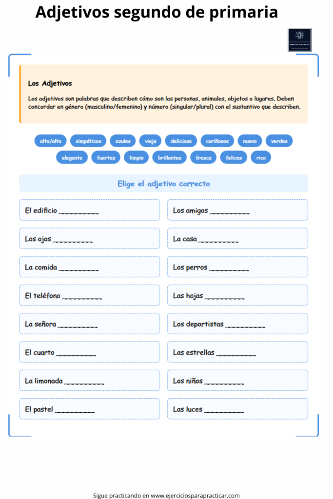 ejercicios de adjetivos segundo de primaria