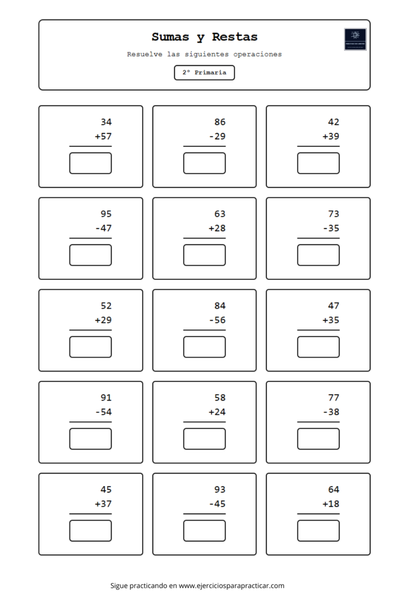 Sumas y restas segundo de primaria - Ejercicios Gratis