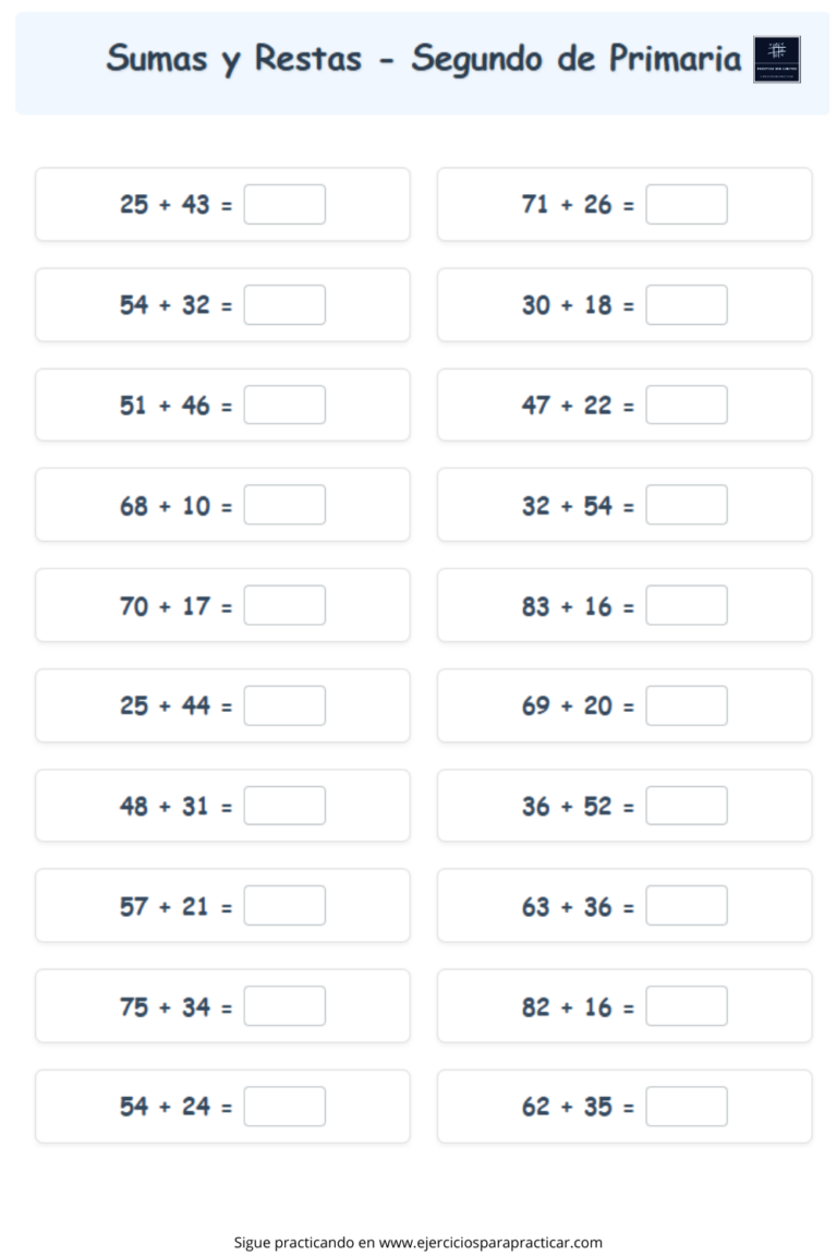 Sumas y restas segundo de primaria - Ejercicios Gratis