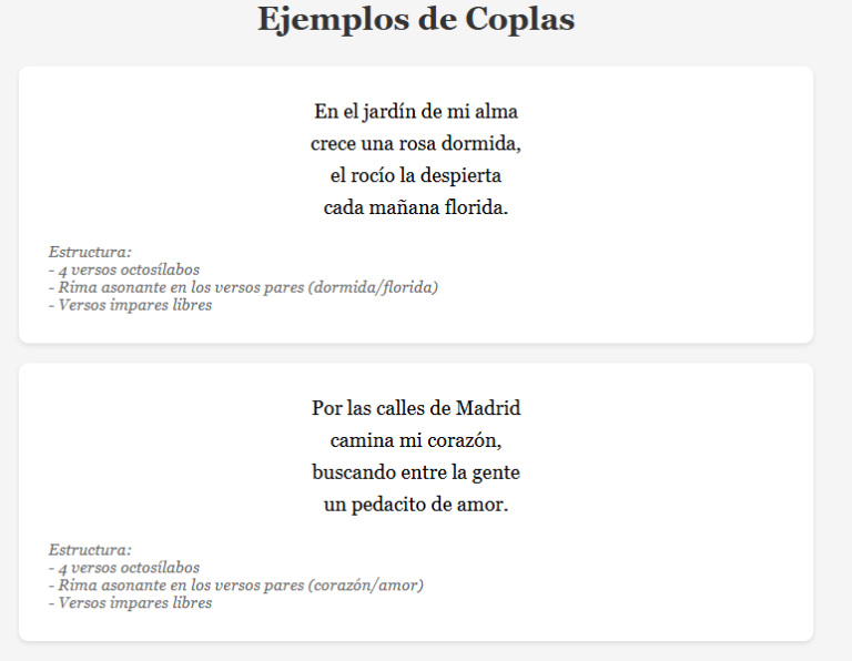 Ejemplos de copla - Qué son, tipos y como se estructuran